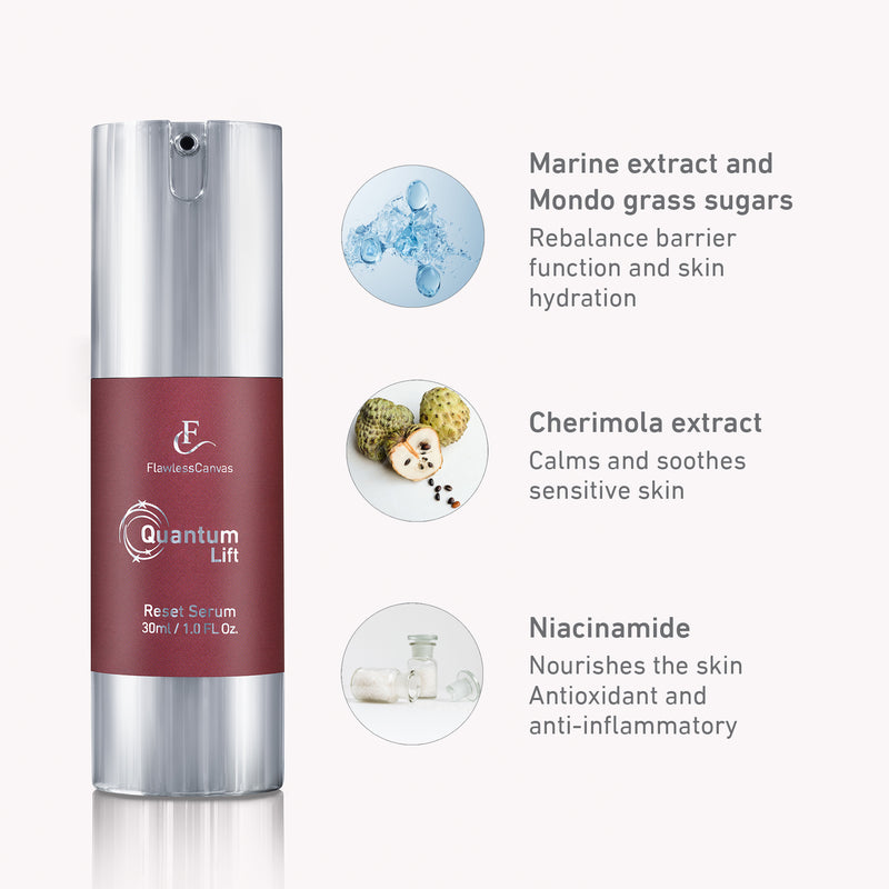 Ingredients list for Quantum Lift™ Reset Serum - Marine extract and mondo grass sugars to rebalance barrier function and skin hydration. Cherimola extract calms and soothes sensitive skin. Niacinamide nourishes the skin antioxidant and anti-inflammatory